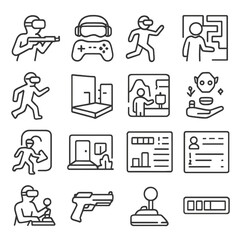 Immersive Gaming Icons. Line style icons of immersive gaming: VR shooter icon, gamepad with headset, motion play, virtual quest,