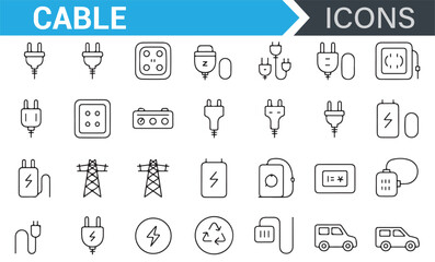 Set of Power and Cable Connection Icons, Electrical Sockets, Plugs, and Charging Symbols