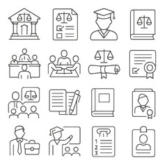 Law Education Icons. Line style icons of law education: law school icon, legal exam paper, law student icon, casebook, moot court,
