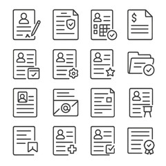 HR Document Icons. Line style icons of HR documents: employee contract, policy document, attendance sheet, salary slip, leave