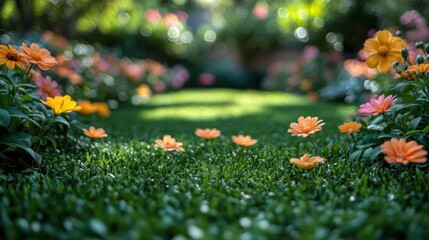 Colorful flowers in the garden with green grass background, Selective focus.
