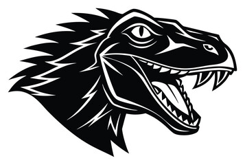 Black and White Dinosaur Head Illustration for Design and Creative Projects Featuring Strong Graphic Style and Bold Outlines