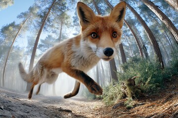 Energetic red fox leaping through a sunlit forest clearing