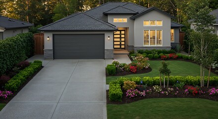 Home exterior with garage and driveway with nice landscaping desing around