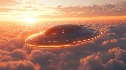 Futuristic alien spacecraft soaring above clouds at sunset. 