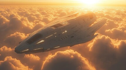 Futuristic alien spacecraft soaring above clouds at sunset. 