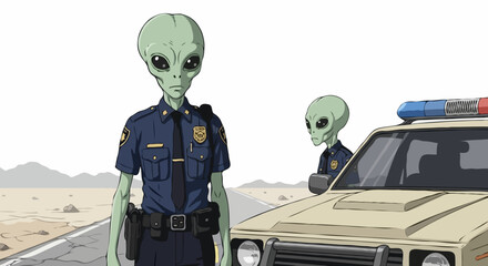 Two green aliens in police uniforms standing on a desert highway next to a patrol car