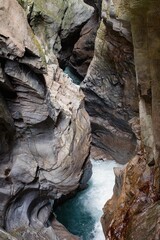 Rugged Gorge with Flowing River: A striking vertical panorama unveils a deep, rugged gorge carved by time, where a river dramatically cascades through the heart of ancient rock formations.
