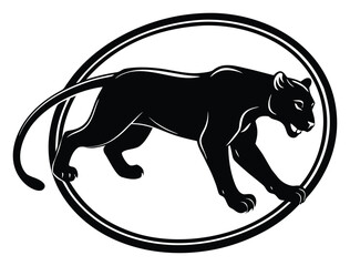 Black Panther Illustration with Sleek Design and Aggressive Stance Within a Circular Border for Mascot or Logo