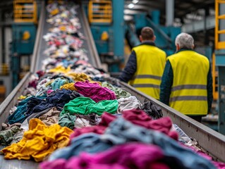 Naklejka premium Textile Recycling Facility with Conveyor Belt and Workers