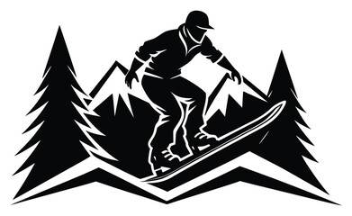 Bold Snowboarder Silhouette Riding Down Mountain Slope with Majestic Trees and Peaks in the Background