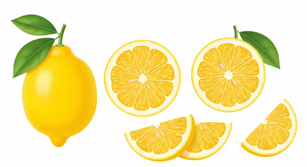 Fototapeta premium A fresh whole lemon with green leaves, juicy citrus slices, and vitamin-rich wedges. A realistic illustration set isolated on white.