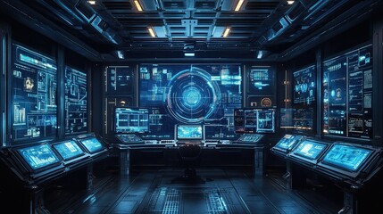 Futuristic Control Center with Multiple Touchscreens and Interactive Holographic Displays 