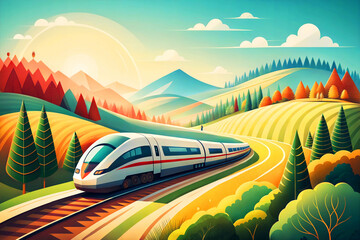 A sleek white high-speed train cutting through vibrant autumn countryside with mountains and sun, symbolizing eco travel, speed, and futuristic transportation