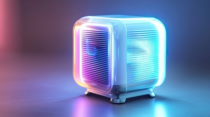 Futuristic Cube-Shaped Personal Air Cooler Glowing with Vibrant Blue and White LED Lights on a Transparent Background 