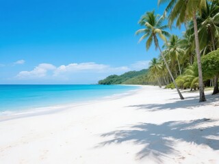 Tropical Beach with White Sand, Turquoise Water, and Palm Trees