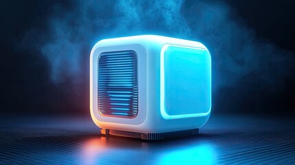 Futuristic Cube-Shaped Personal Air Cooler with Vibrant Blue and White LED Lights, Offering Instant Cool Relief on Hot Days, Isolated on Transparent Background -