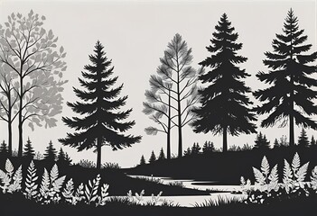 Obraz premium tree silhouette, deciduous trees, evergreen trees, forest, bushes, silhouettes, black and white, minimalist, botanical illustration