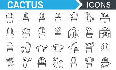 Icons of Potted Cacti, Gardening Tools, and Greenhouses for Nature and Farm Projects