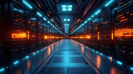 Futuristic Data Center Corridor, High-Tech Facility Digital Environment 
