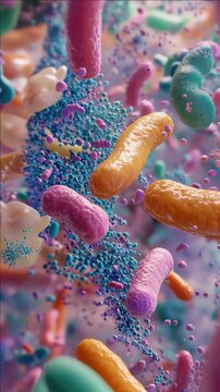 Close-up view of colorful bacteria in motion, set against a neutral background.
