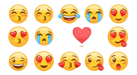 Fototapeta premium Collection of yellow emoji faces expressing various emotions including love sadness and happiness