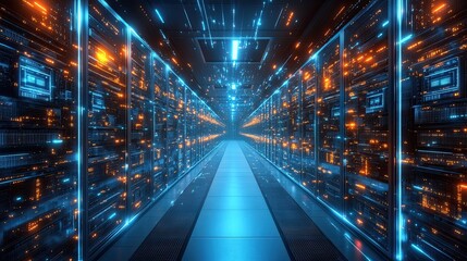 Futuristic Data Center Corridor with High-Tech Digital Environment 