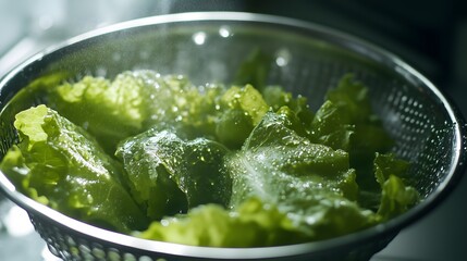 Vibrant green lettuce leaves are being rinsed in a metal colander covered with water droplets