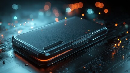 Futuristic Black Smartphone with Leather Texture on Circuit Board Background Sleek Gadget Design Concept