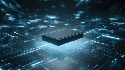 Futuristic Black Device Hovers Over Glowing Circuit Board Abstract Technology Concept