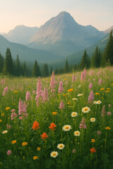 Colorful wildflowers dot the mountain landscape as the sun sets, casting a serene glow.