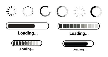 Loading icon set. Load circle icons. Download indicator sign. Black and White progress loading bar. Upload symbol. Loader icon. Vector illustration.