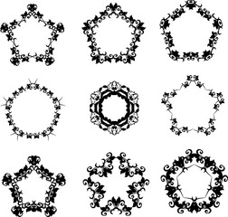 set of black florals frames like star and circle