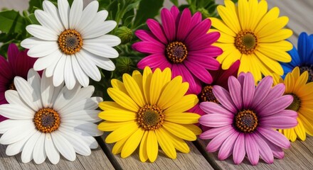 Fototapeta premium Vibrant colorful daisies bloom brightly on rustic wooden planks, bringing natural beauty and joy.
