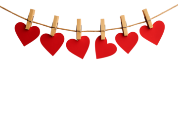 Red hearts hanging on a clothesline with clothespins isolated on transparent background