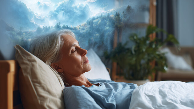 A woman in her senior years is resting comfortably in bed while experiencing hypnosis treatment.