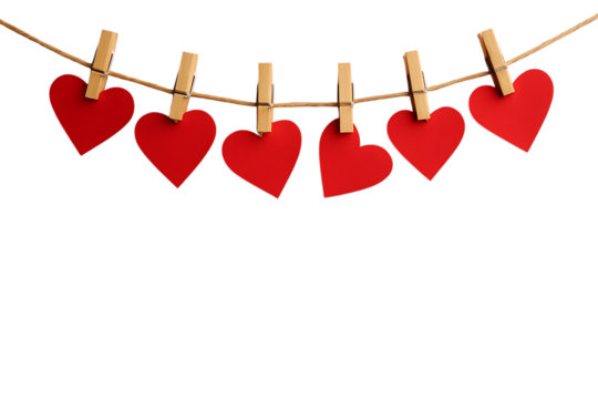Red hearts hanging on a clothesline with clothespins isolated on transparent background - Powered by Adobe