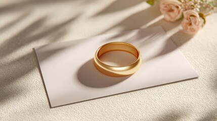 Elegant Gold Wedding Band on Blank Card with Soft Light and Flowers Perfect for Wedding Invitations or Jewelry Ads