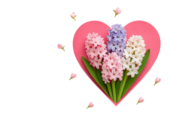 Pink heart with colorful hyacinth flowers and petals isolated on transparent background