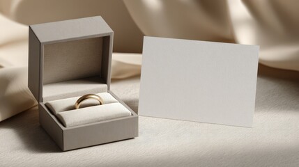 Elegant gold wedding ring in a beige box with a blank card perfect for invitation or proposal