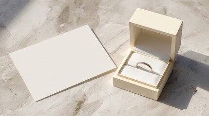 Elegant wedding ring in a cream box with a blank card Perfect for invitations or announcements A minimalist design