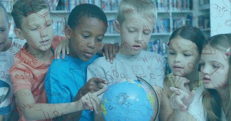 Children leaning over globe in library starting chemical formulas around group learning geography - Powered by Adobe