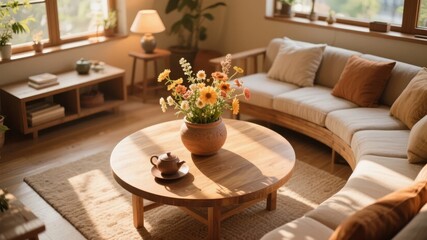 Cozy Living Room with Curved Sofa and Wooden Coffee Table