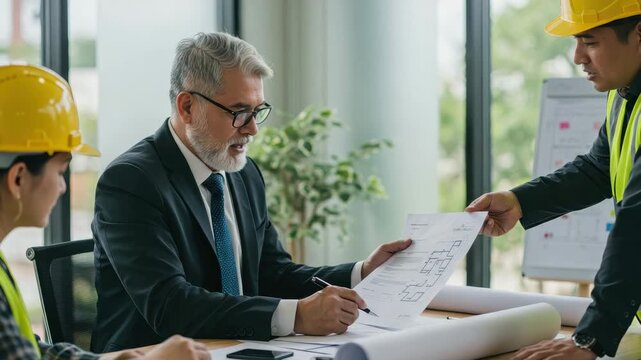 Professionals collaborate on construction plans in a bright meeting room with large windows