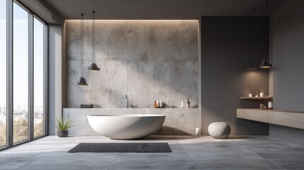 Modern concrete bathroom with freestanding tub.