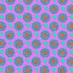 Colorful mandala pattern design with vibrant pink and teal background  