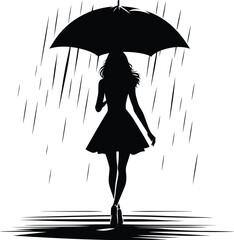 A girl walking with an Umbrella on a rainy day silhouette Vector Illustration isolated on a white background