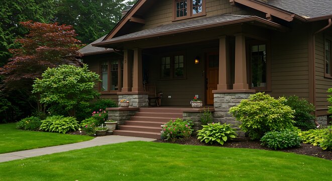 Nice curb appeal of American craftsman style home. Column porch view and freshly mowed garden lawn. Northwest, USA