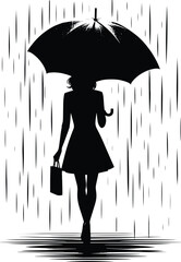 A girl walking with an Umbrella on a rainy day silhouette Vector Illustration isolated on a white background