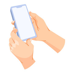 Human hands holding a smartphone with a blank screen, flat graphic style, isolated on white background. Concept of mobile device usage. Vector illustration